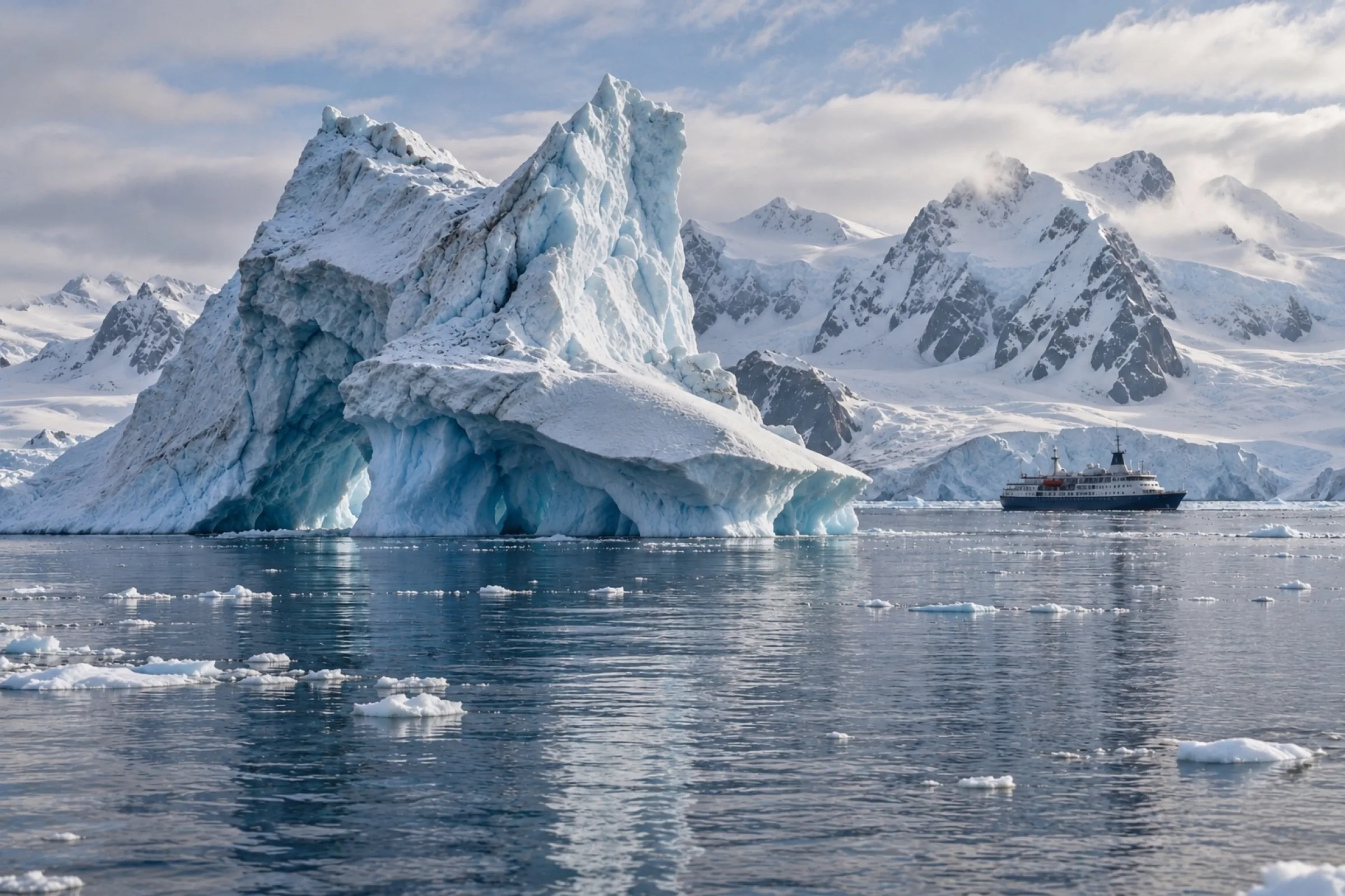 Expedition ship passing a monumental iceberg in Antarctica