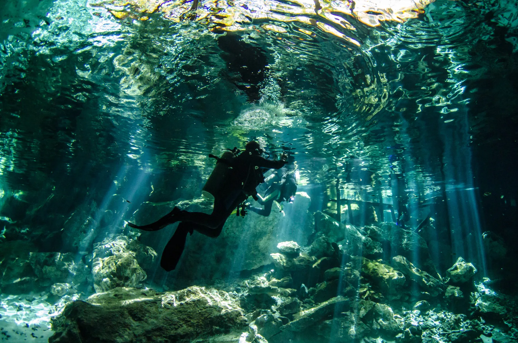 Scuba divers exploring clear tropical water beneath the surface