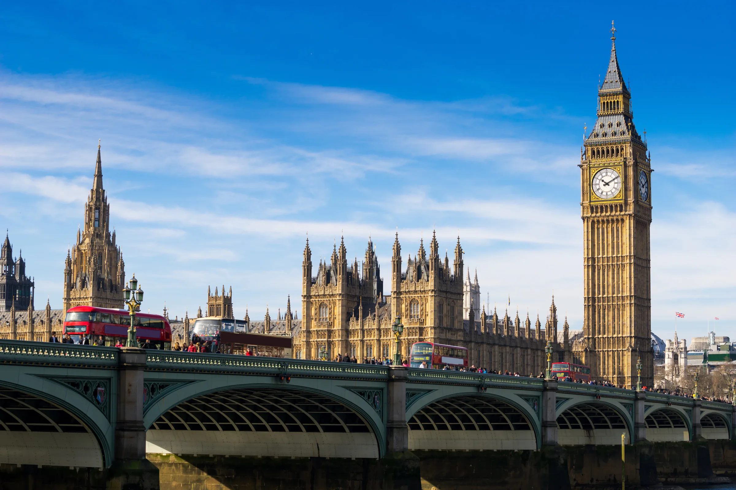 Elizabeth Tower and the Palace of Westminster beside Westminster Bridge in London